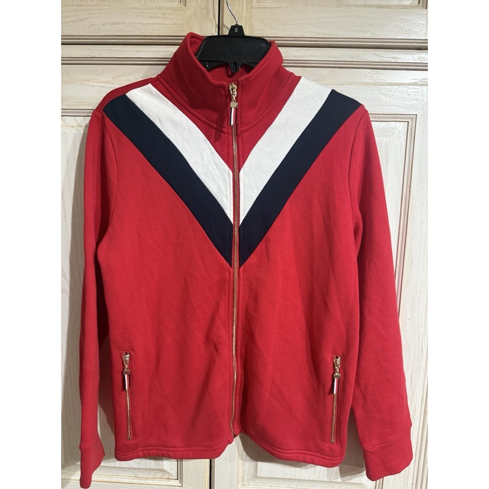 Tommy Hilfiger Navy White Red V Stripe Full Zip Long Sleeve Fleece Jacket Med